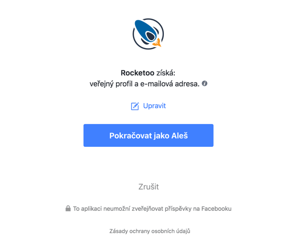 Facebook povolení aplikace Rocketoo