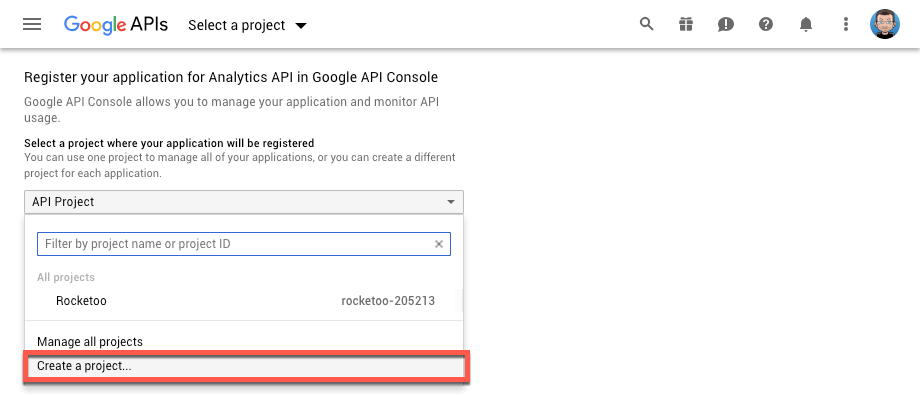 Google Developers Console - vytvoření projektu