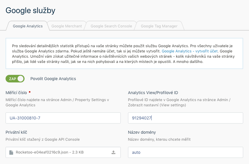 Google Analytics - nastavení Rocketoo
