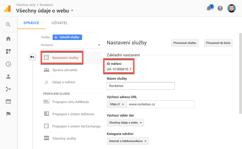 Google Analytics nastavení služby