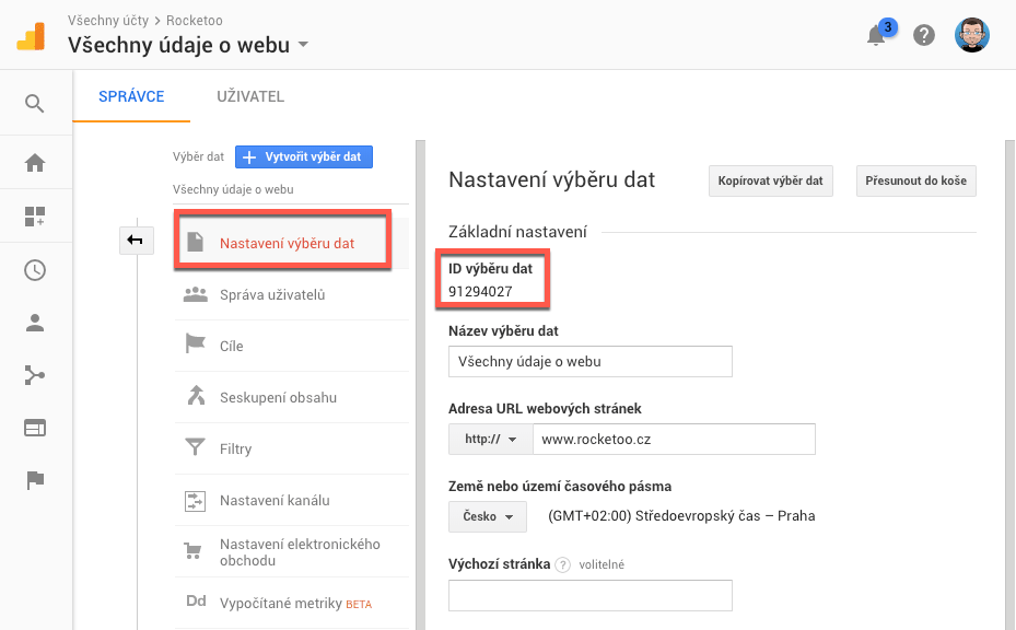 Google Analytics nastavení výběru dat