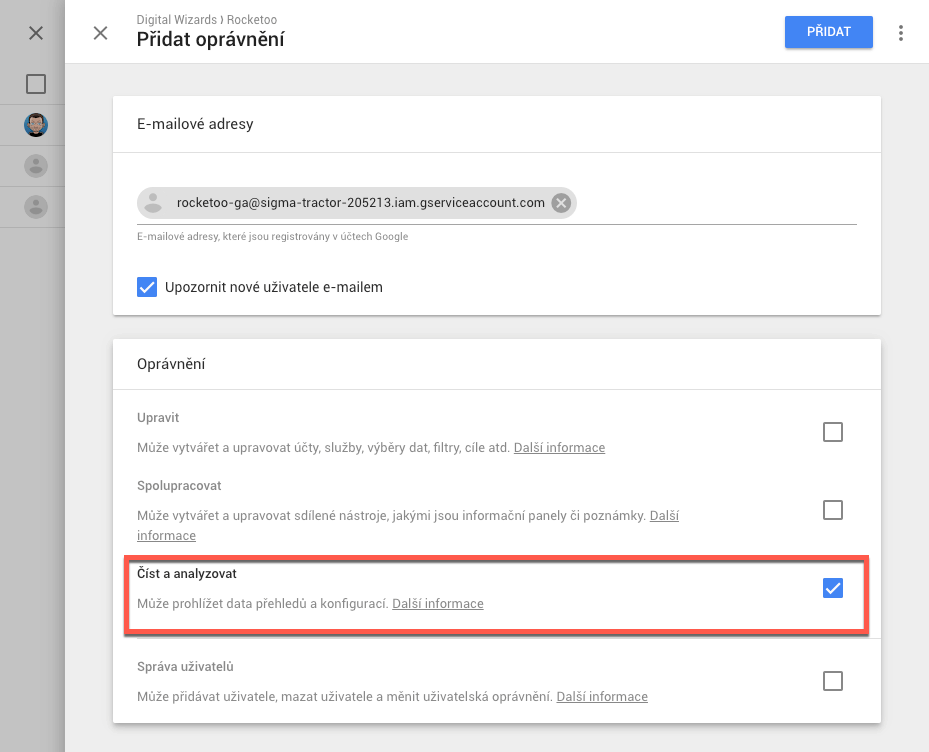 Google Analytics vytvoření uživatele