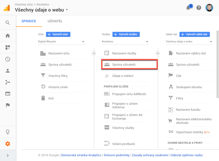 Google Analytics vytvoření uživatele