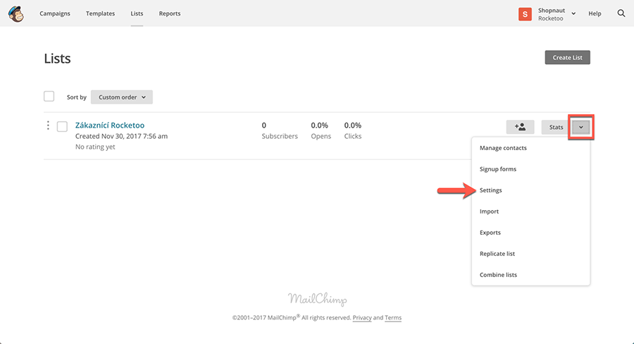 MailChimp - nastavení e-mailového listu