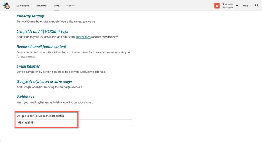MailChimp - zkopírování ID listu