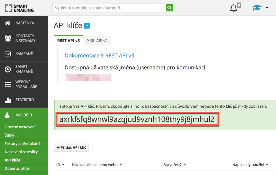 Vytvořený API klíč