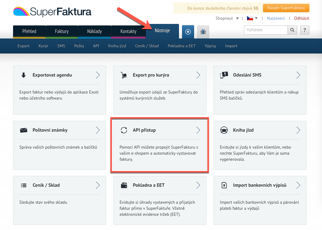 SuperFaktura - Nástroje / API přístup