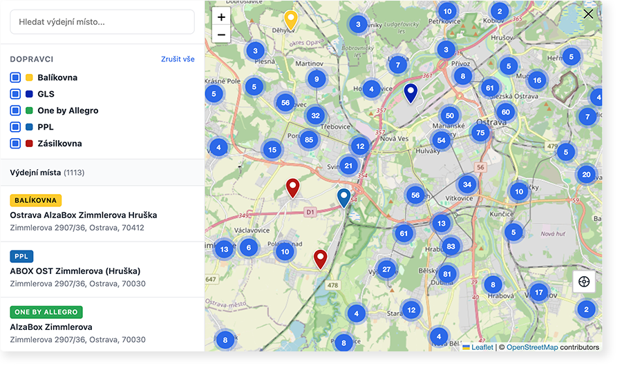 Mapový widget pro výdejní místa